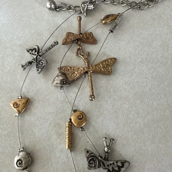 Chico's signed two tone gold silver 3 triple strand dragonfly necklace - Picture 2 of 5